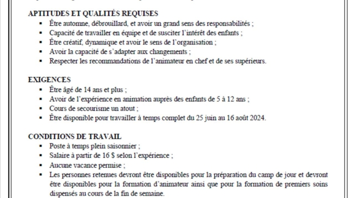 Offre d'emploi - animateur (trice) camp de jour