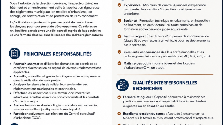 Offre d'emploi : inspecteur (trice) municipal (e)