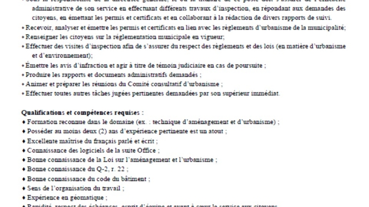 Offre d'emploi - Inspecteur en urbanisme et environnement