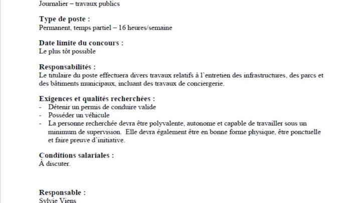 Offre d'emploi - journalier 16h/semaine