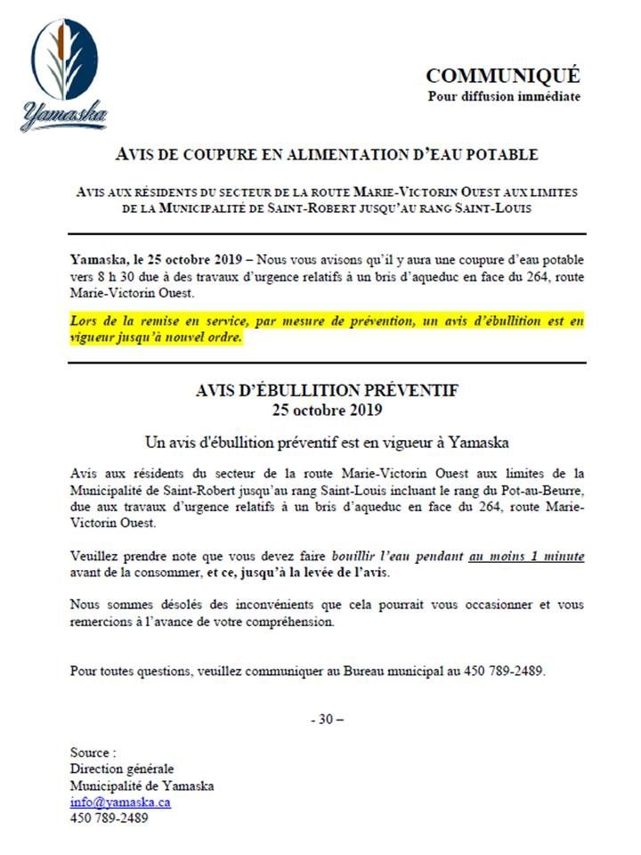 Avis de coupure en alimentation d'eau potable