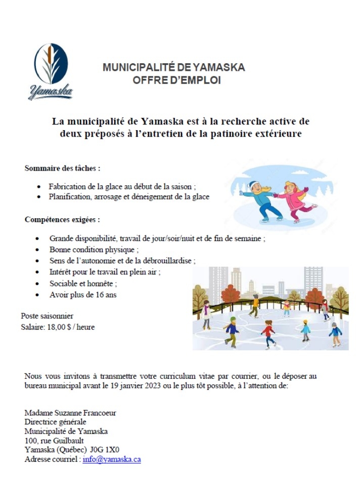 Aide préposé à l'entretien de la patinoire recherché