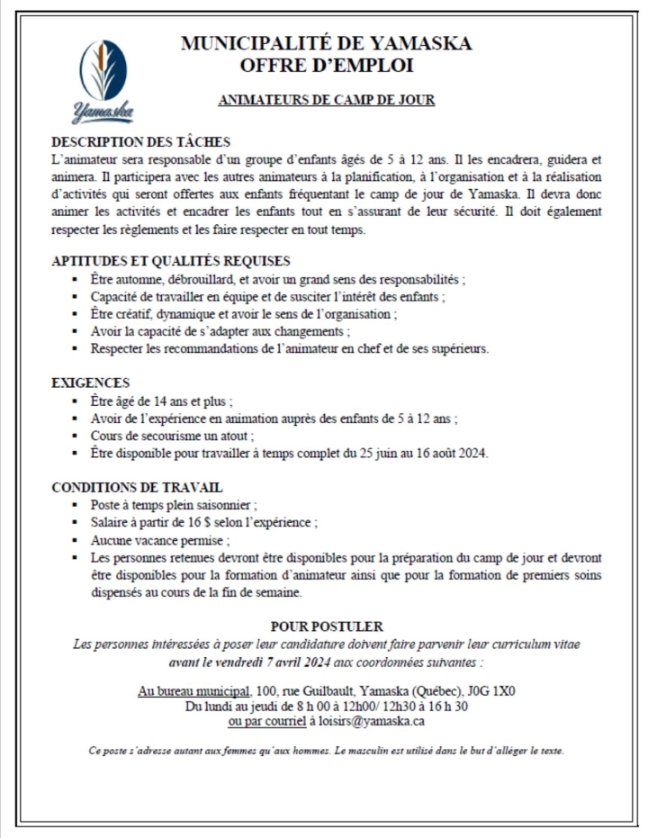 Offre d'emploi - animateur (trice) camp de jour