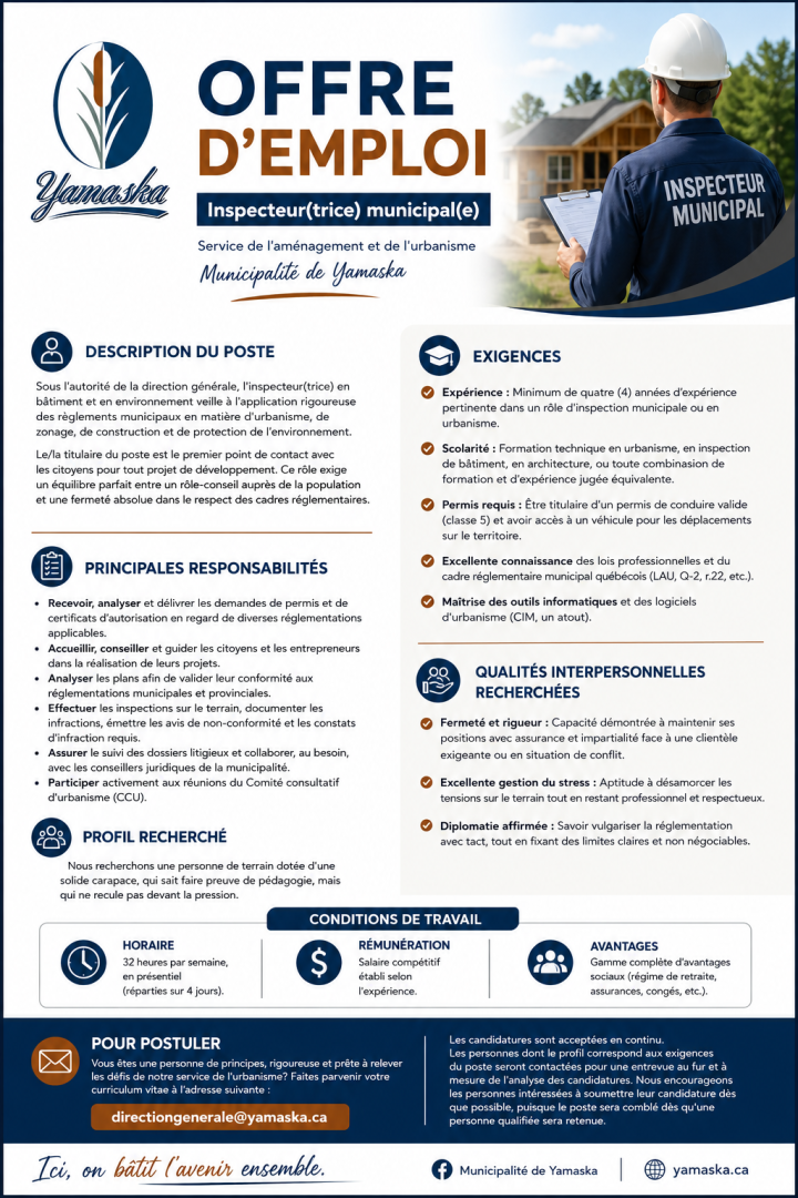 Offre d'emploi : inspecteur (trice) municipal (e)