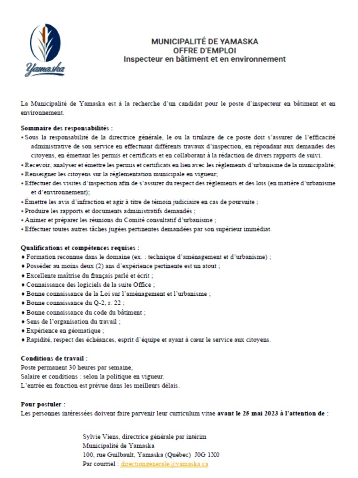Offre d'emploi - Inspecteur en urbanisme et environnement