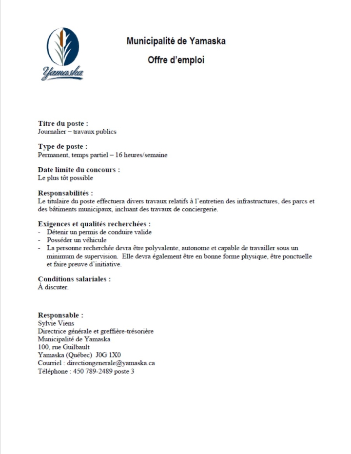 Offre d'emploi - journalier 16h/semaine