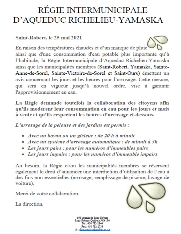Avis concernant l'eau potable